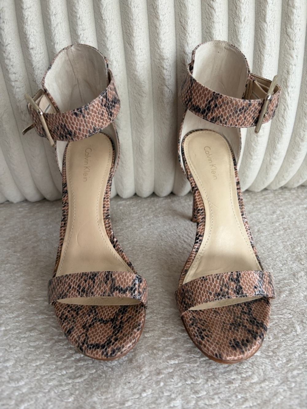 Calvin Klein Brown Snake-Print Ankle Strap Heels